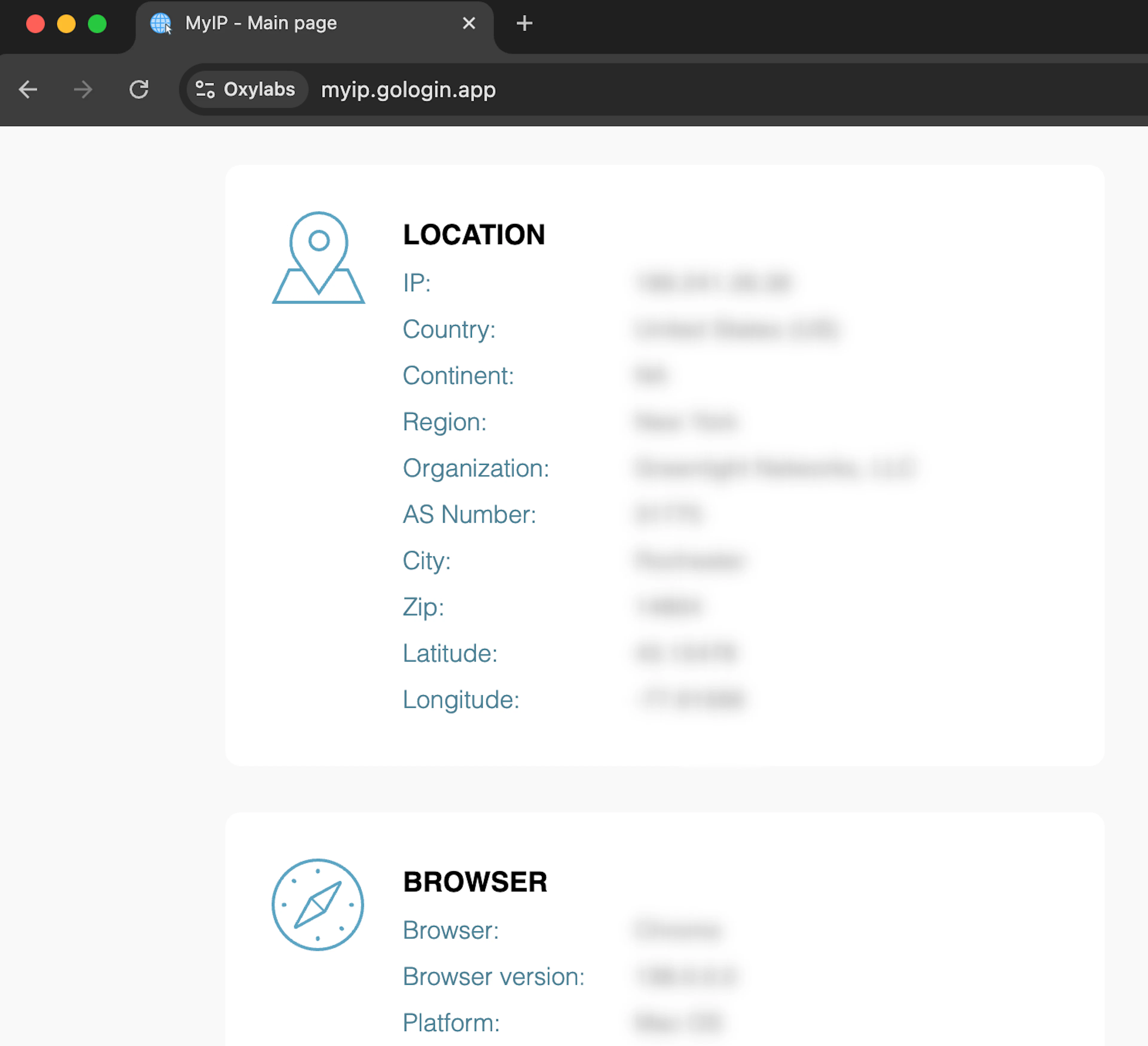 GoLogin successful connection with Oxylabs proxies