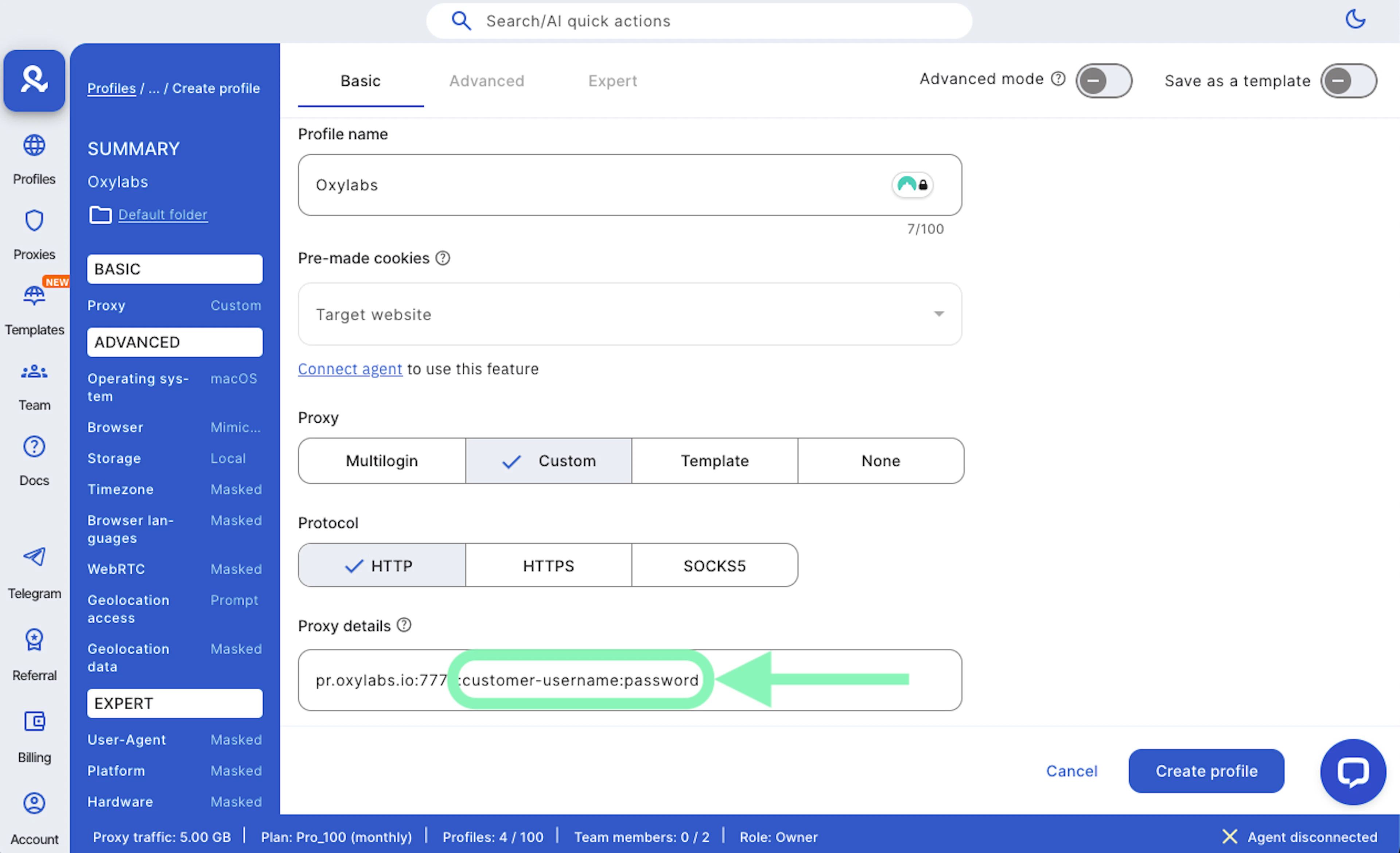 Oxylabs user credentials in Multilogin proxy setup