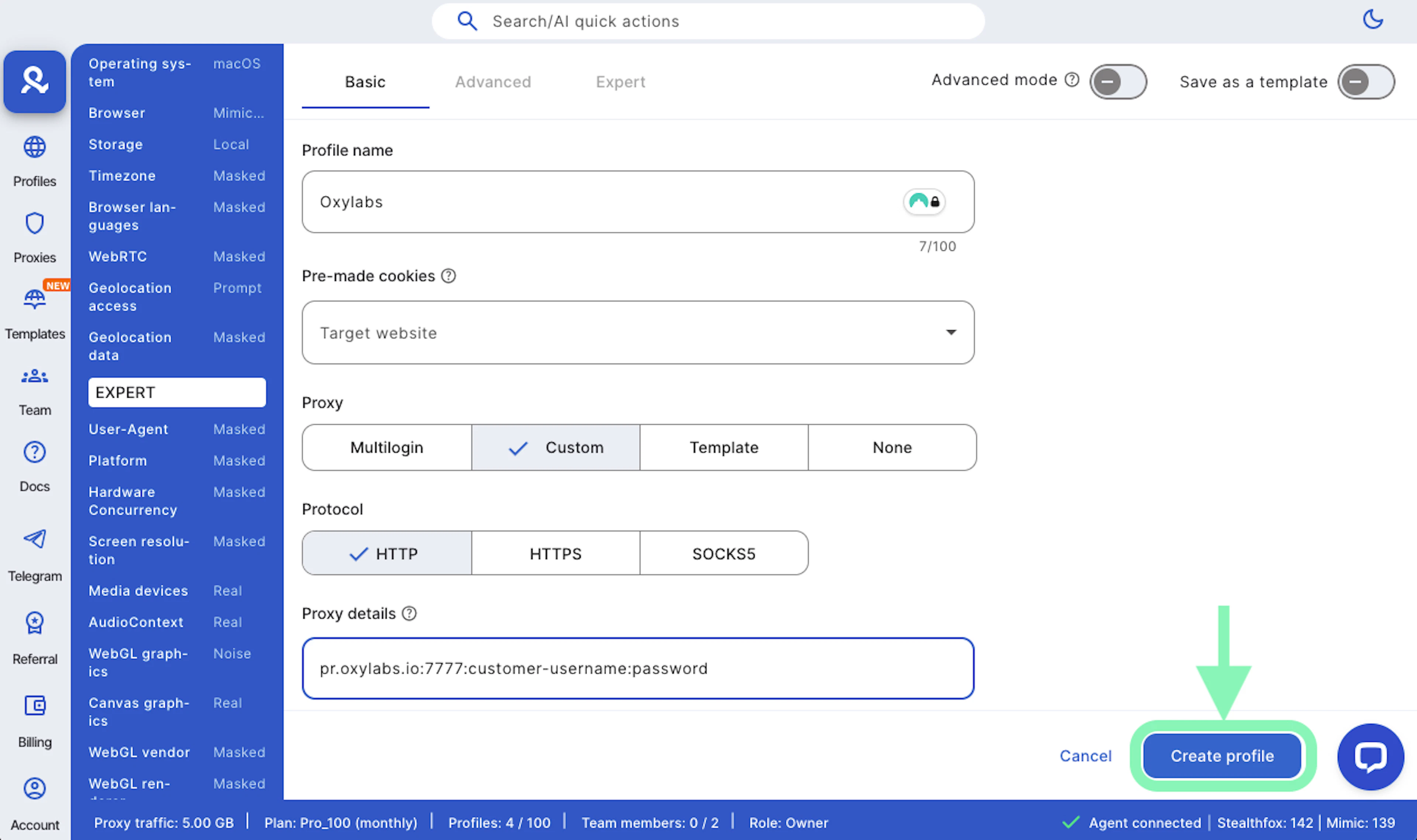 Finish creating new Multilogin profile