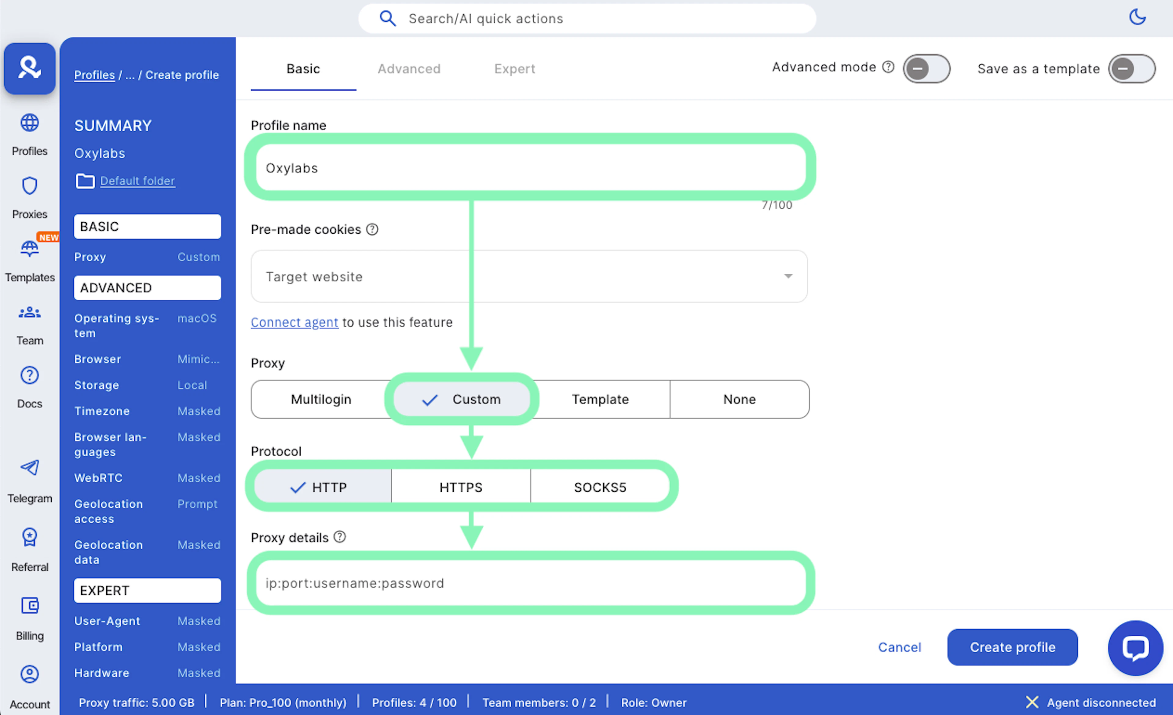 Multilogin proxy details fields
