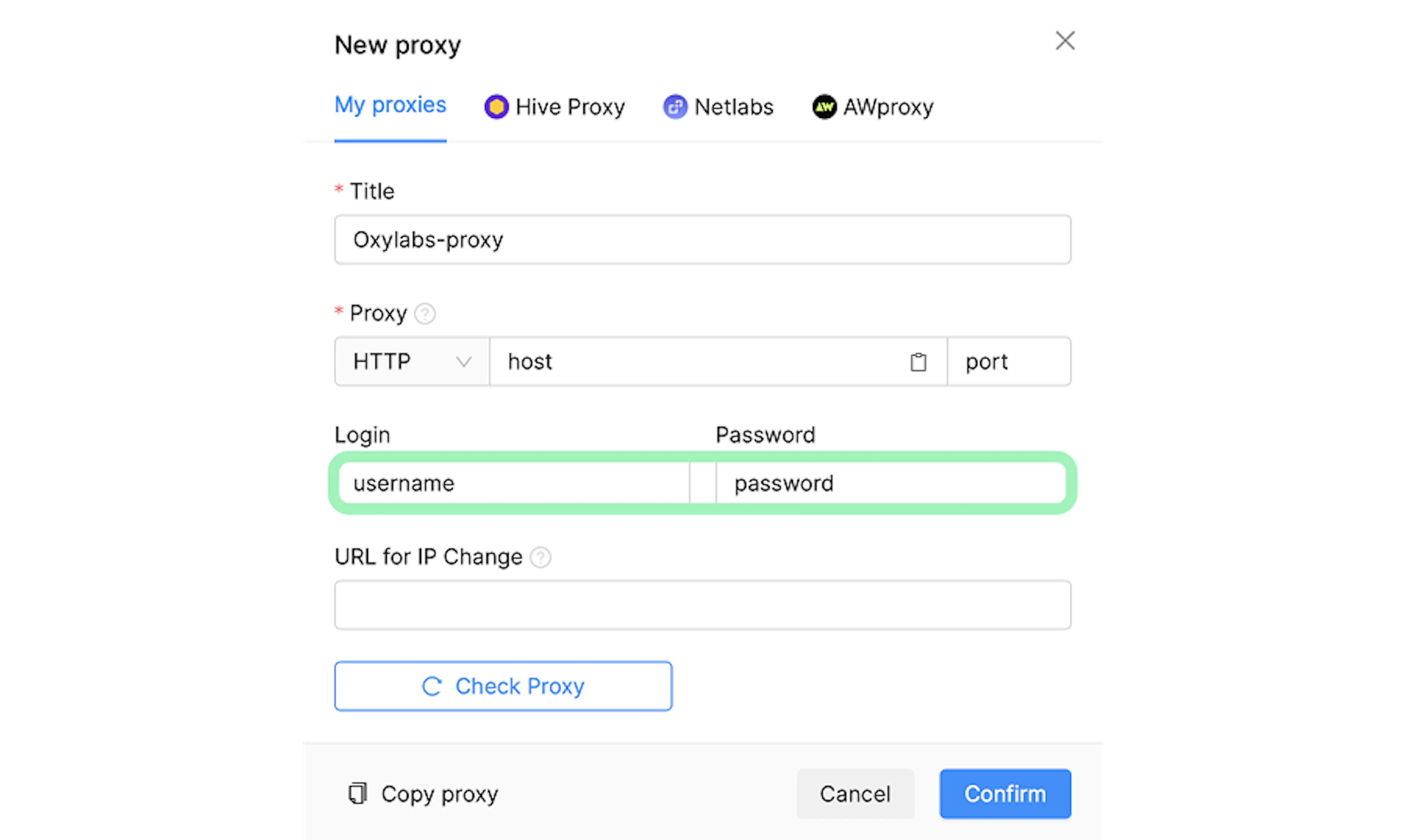 Enter Oxylabs user credentials to the Octo Browser proxy setup