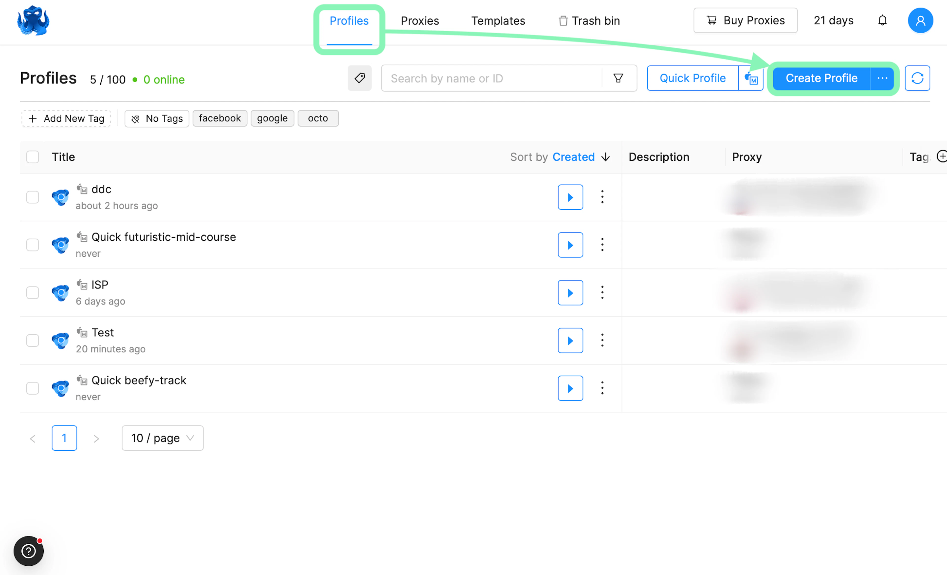 Create a new Octo Browser profile