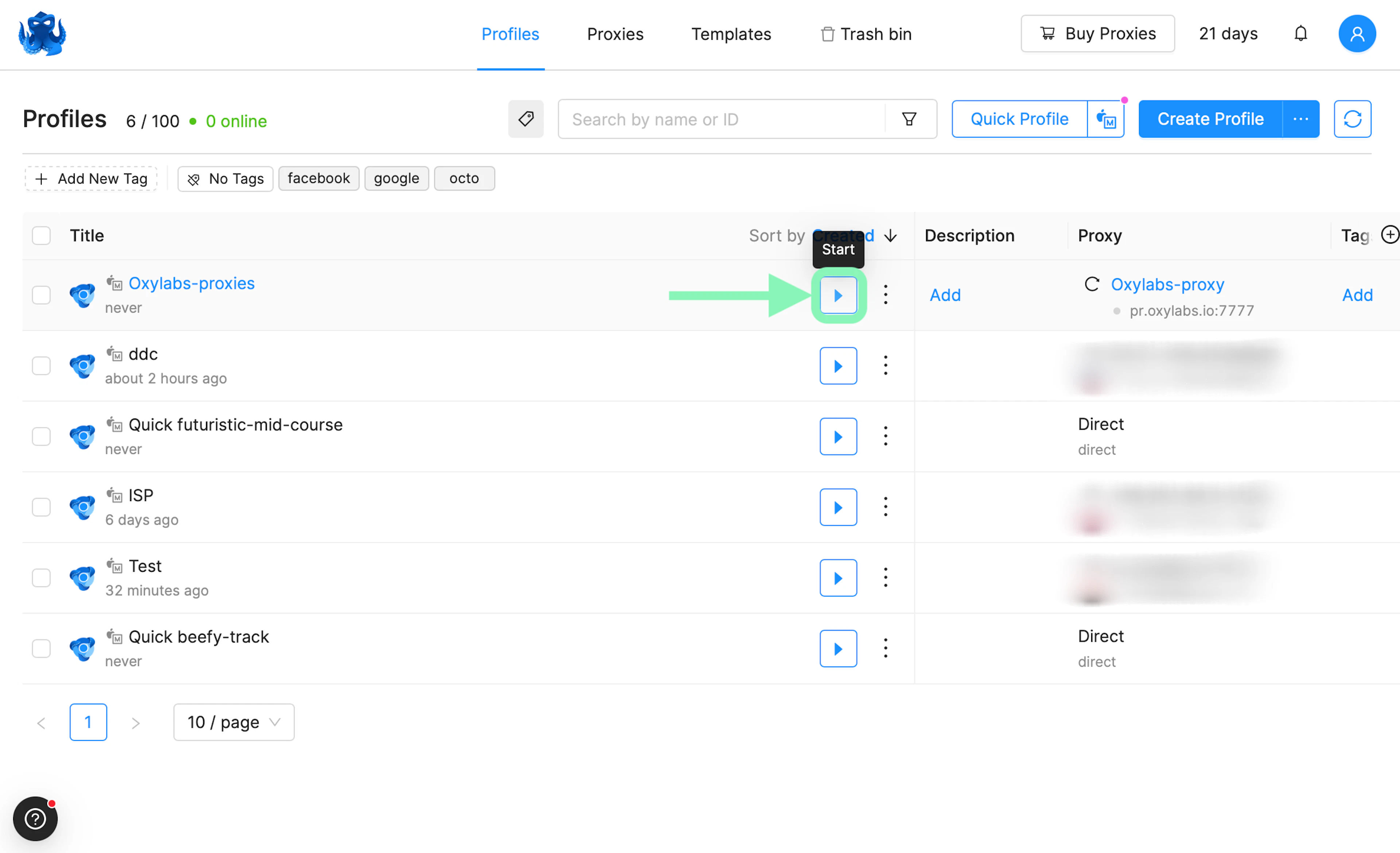 Start the new Octo Browser profile using Oxylabs proxies
