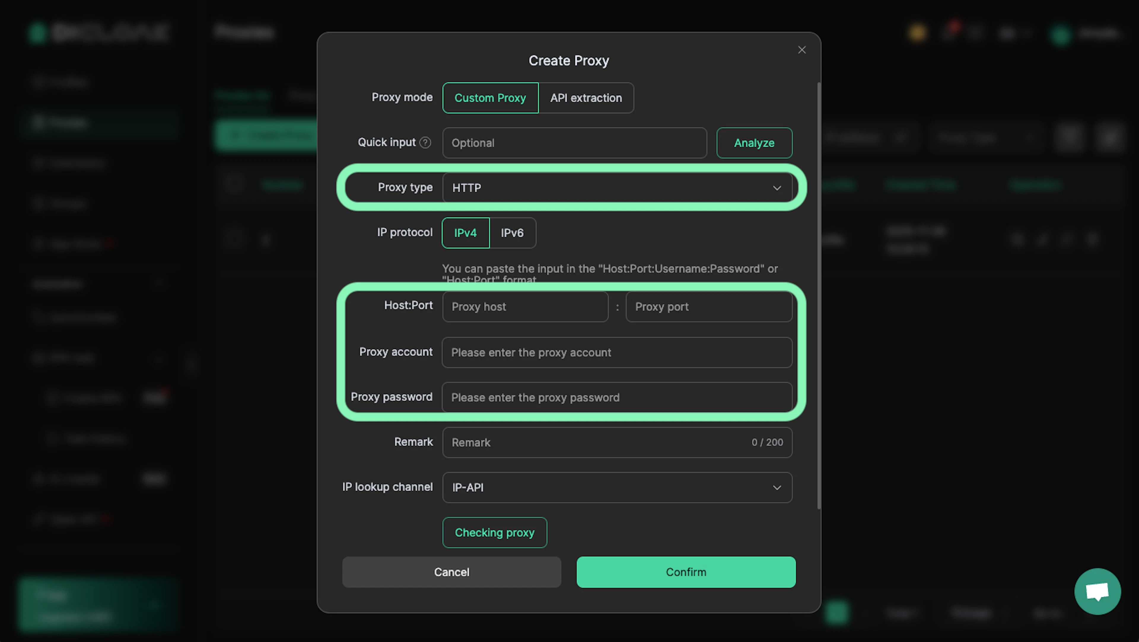Enter proxy details to DICloak