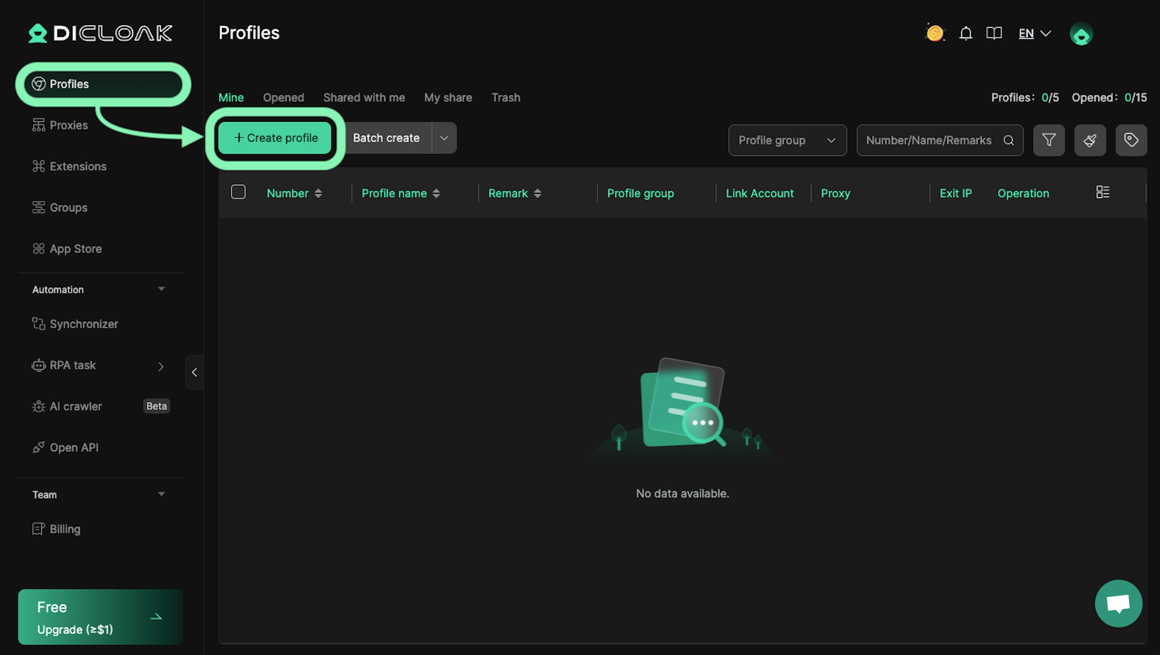 Create a new DICloak browser profile