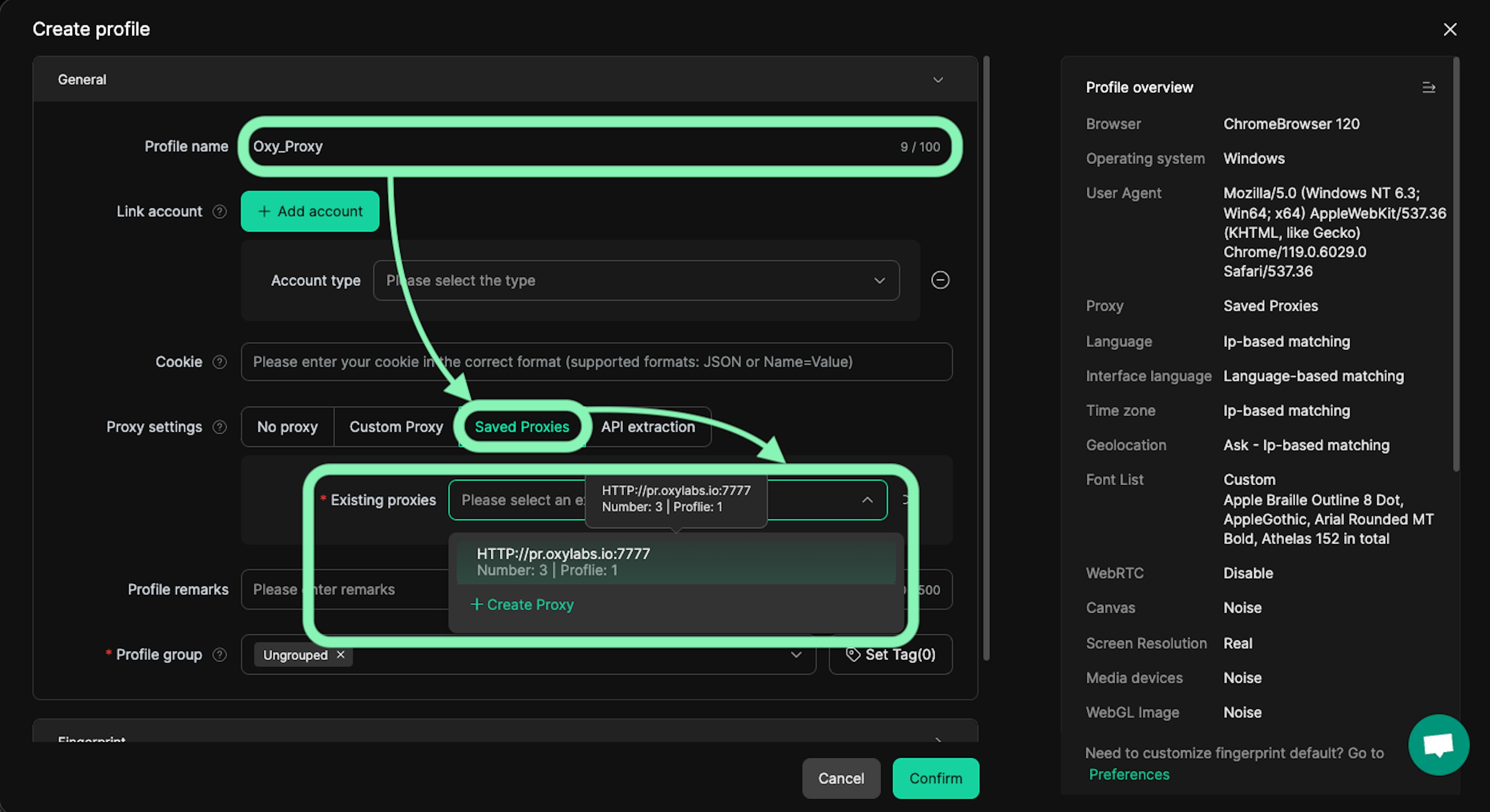 Add the Oxylabs proxy to your DICloak browser profile