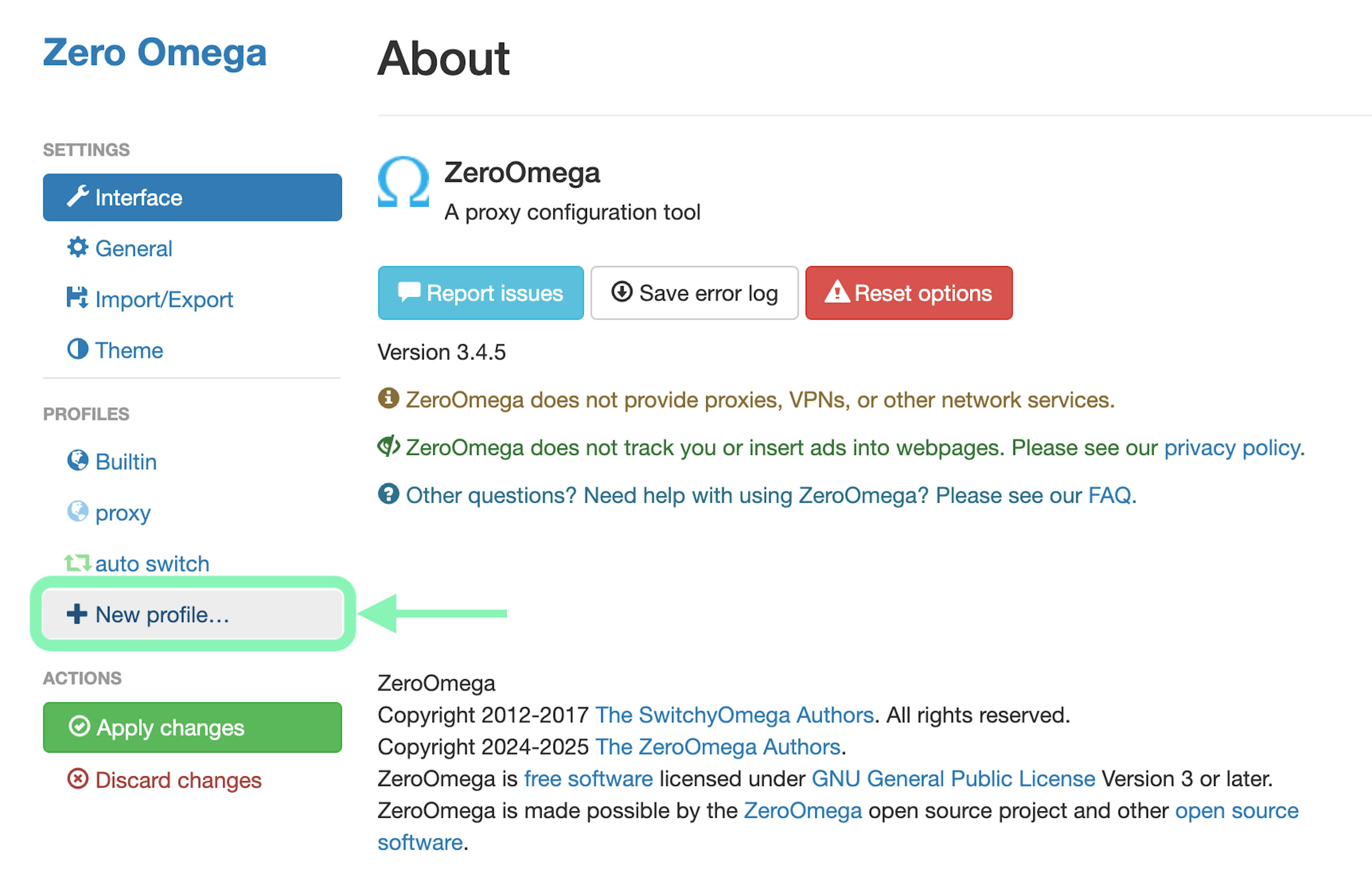 Add a new profile on ZeroOmega extension