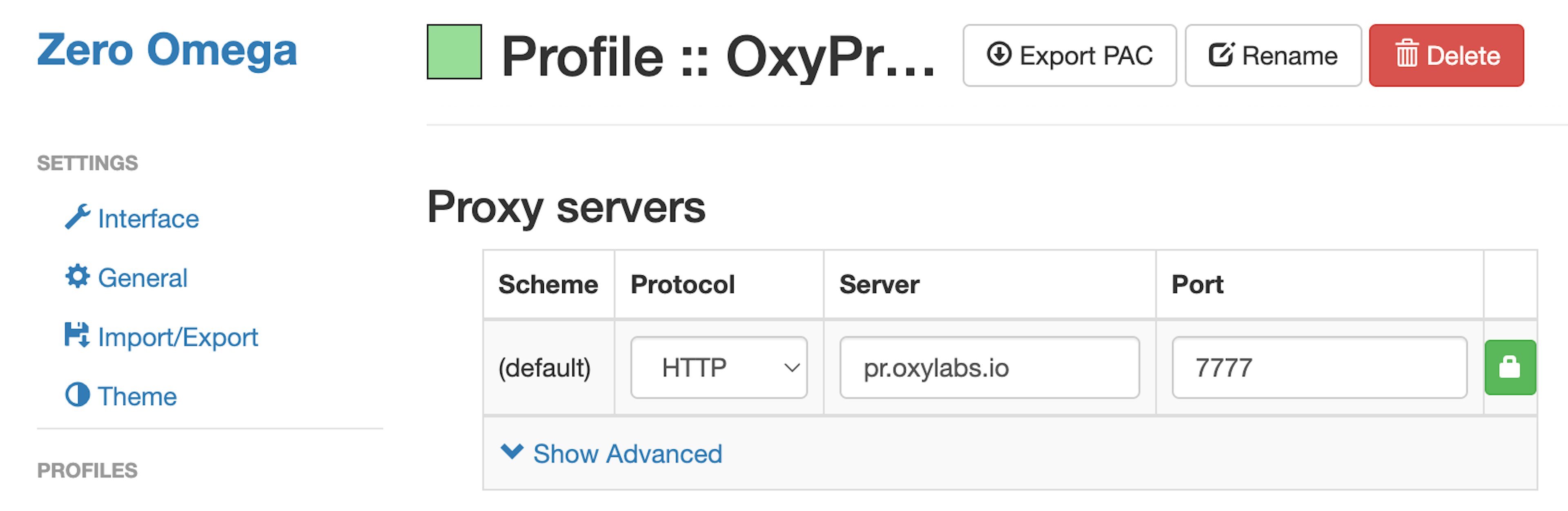 Oxylabs residential and mobile proxies in ZeroOmega