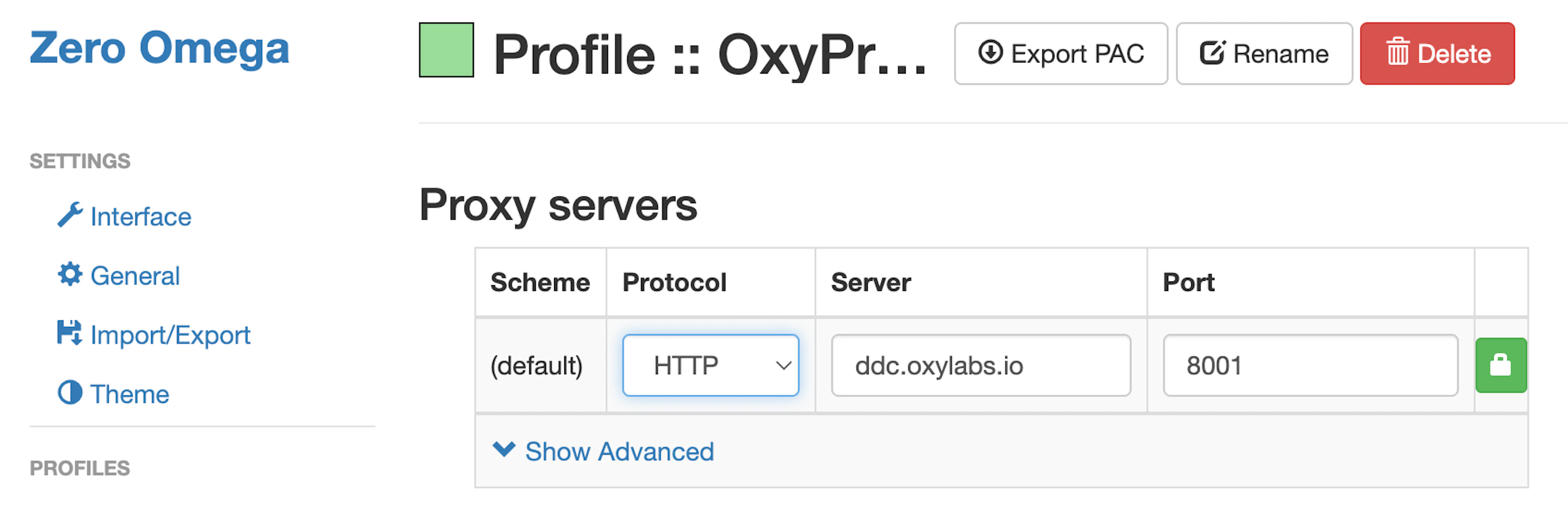 Oxylabs self-service Dedicated Datacenter Proxies in ZeroOmega