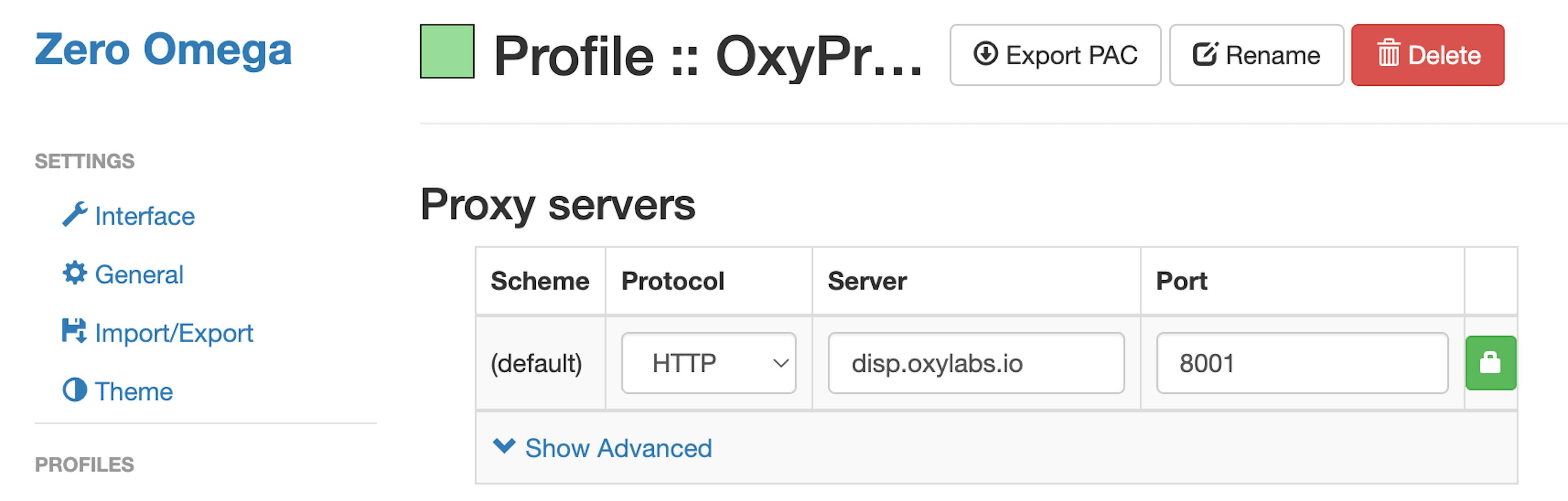 Oxylabs Dedicated ISP proxies in ZeroOmega