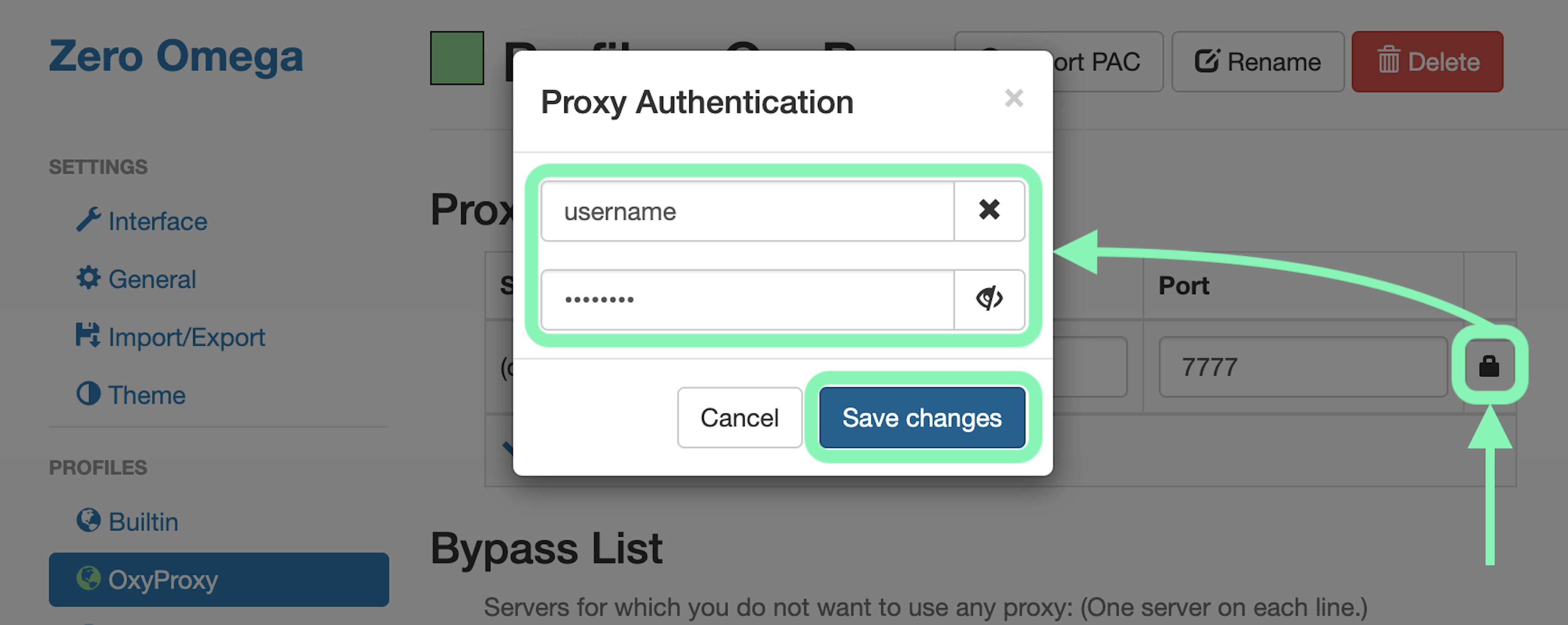 Enter Oxylabs user credentials in ZeroOmega