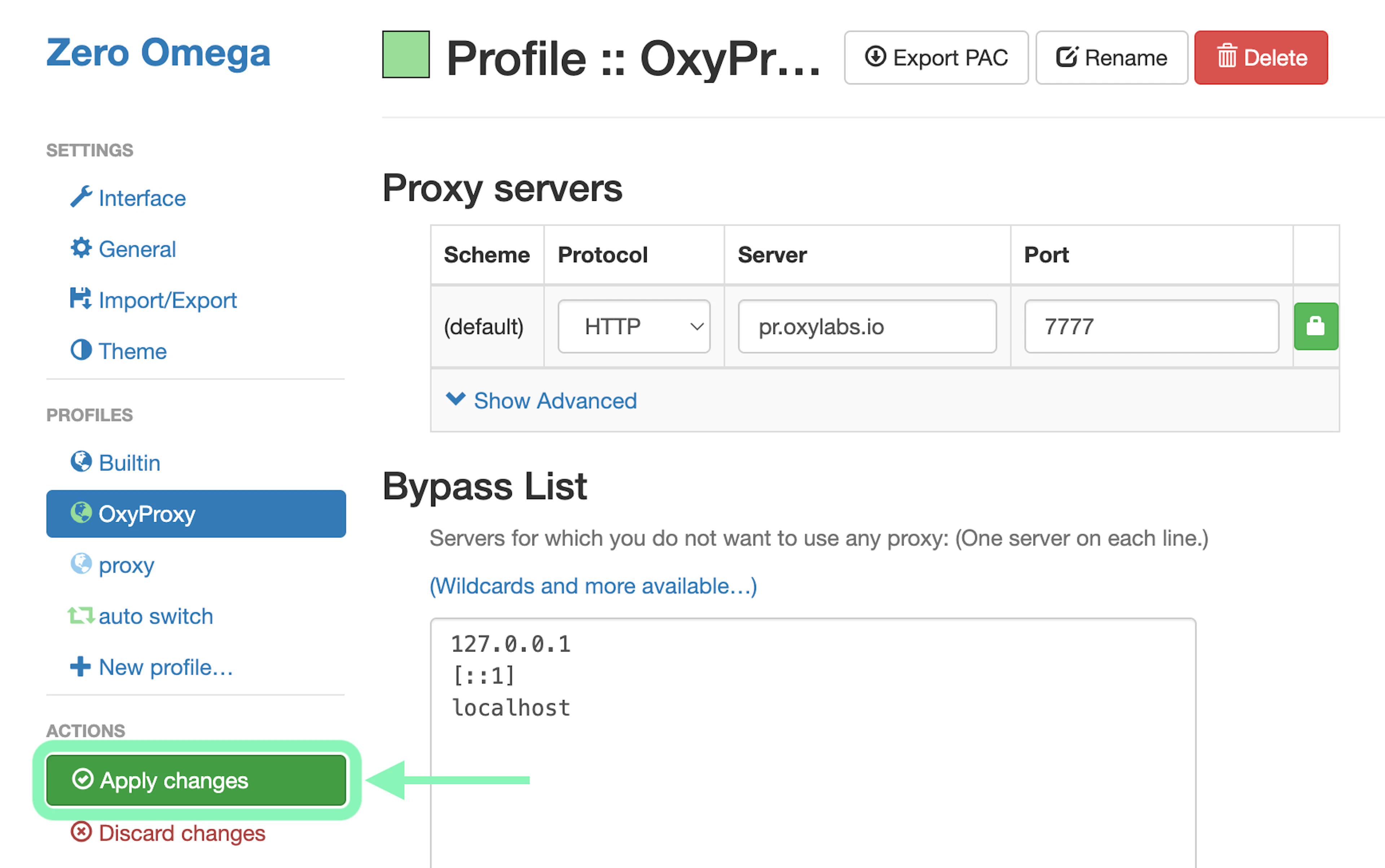 Confirm ZeroOmega profile with Oxylabs proxies
