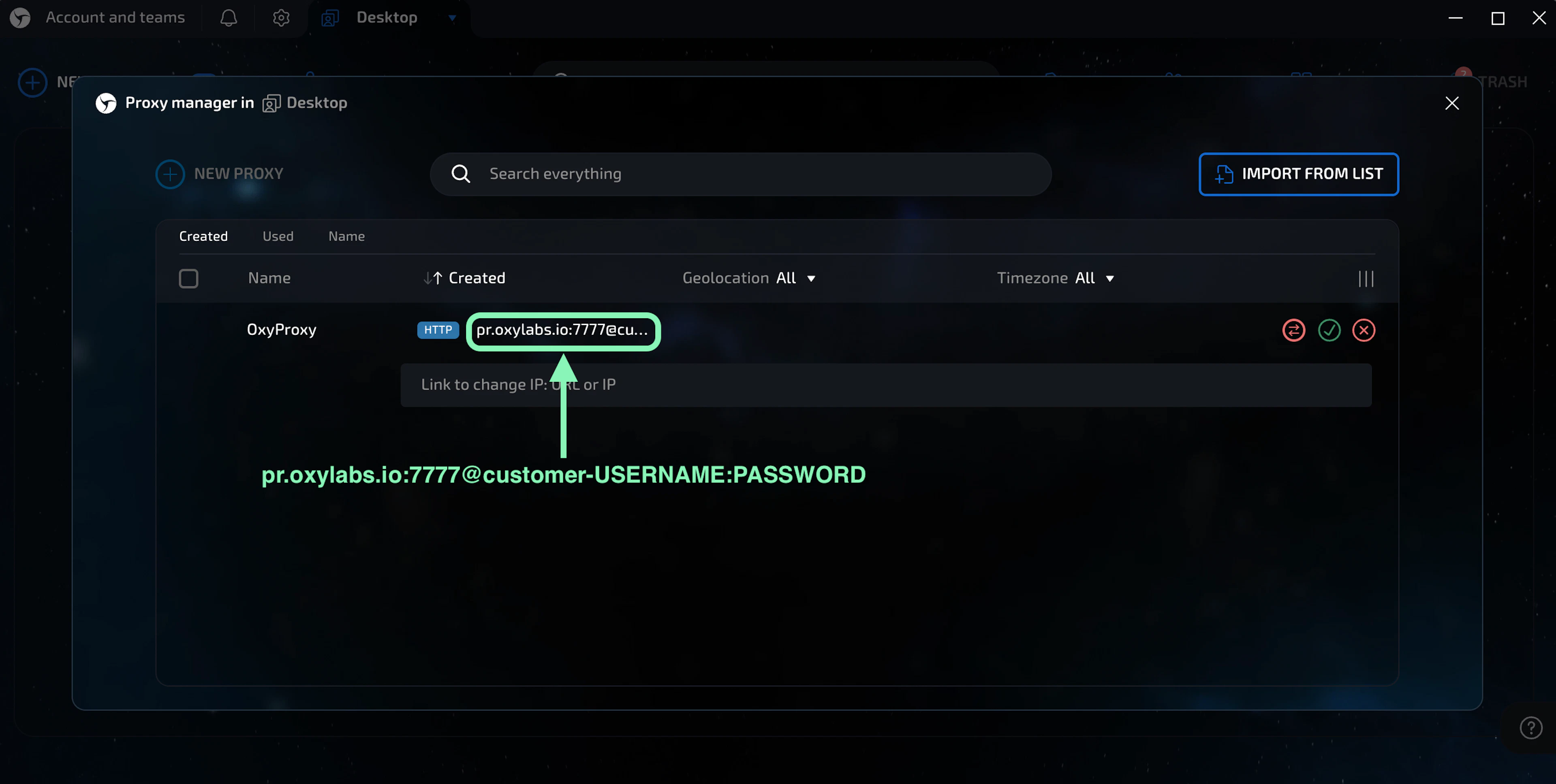 Oxylabs Residential Proxy details in Linken Sphere browser