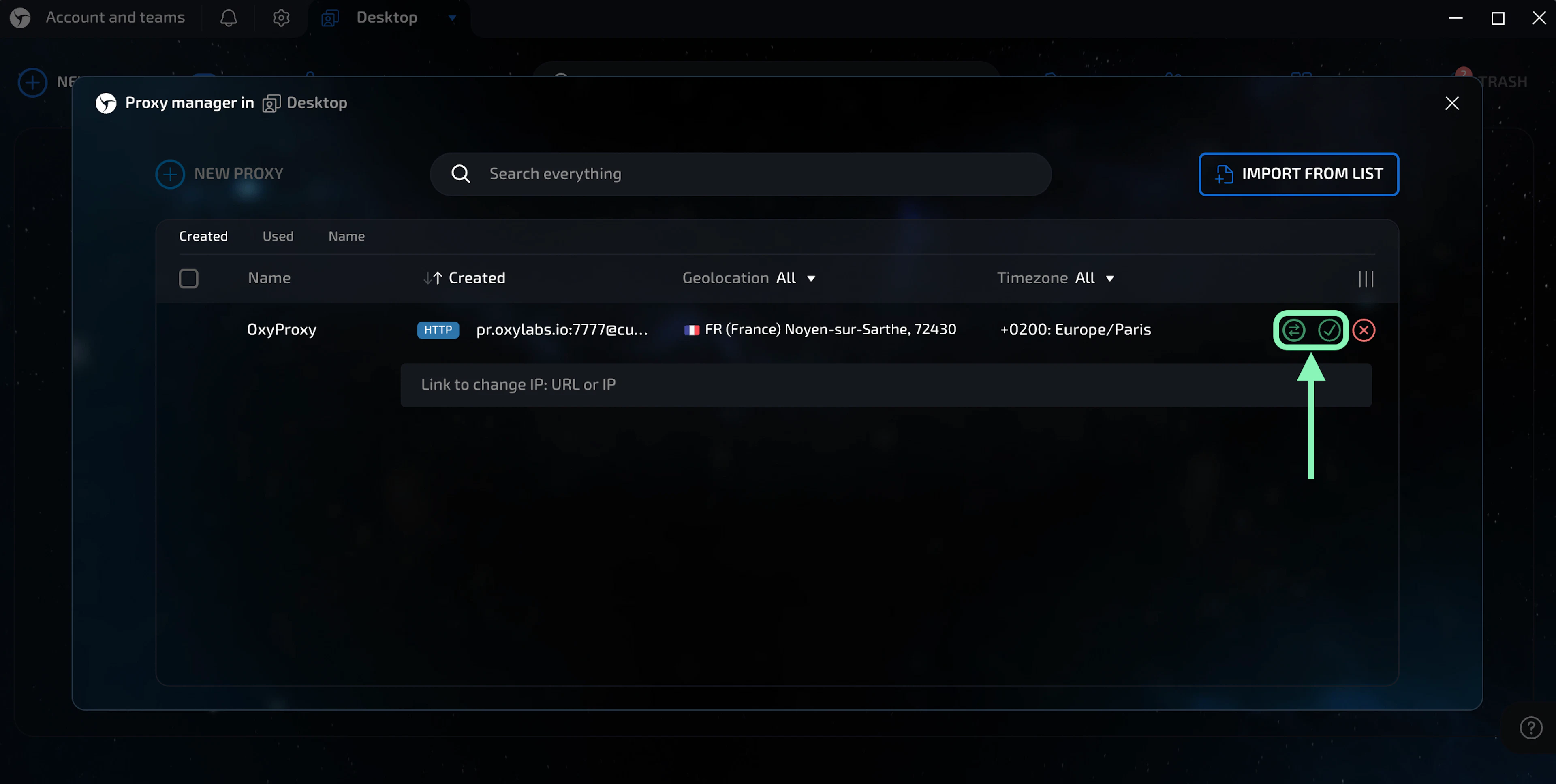 Test Oxylabs proxy connection in Linken Sphere browser proxy setup