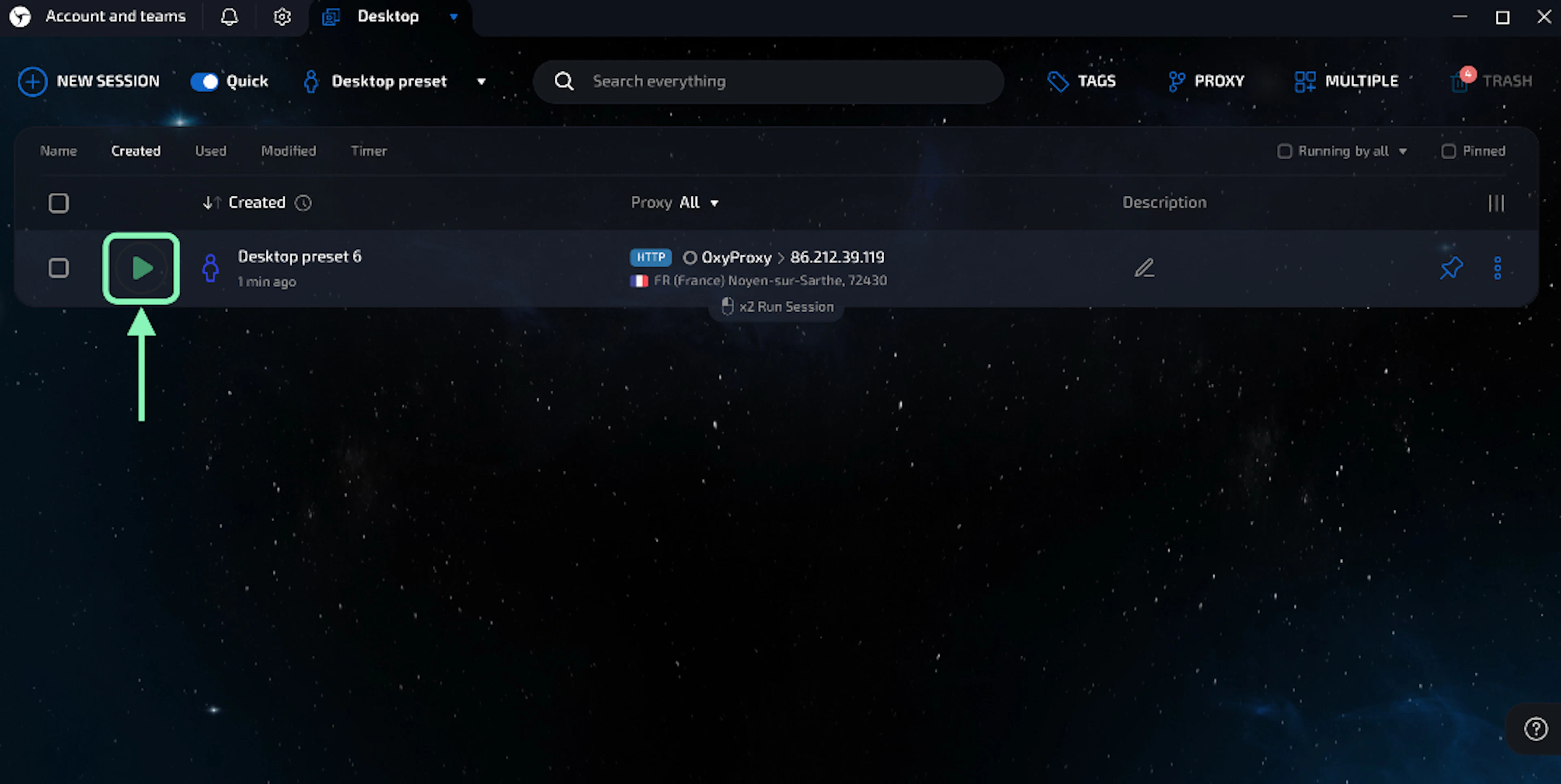 Start the new Linken Sphere browser session with Oxylabs proxies