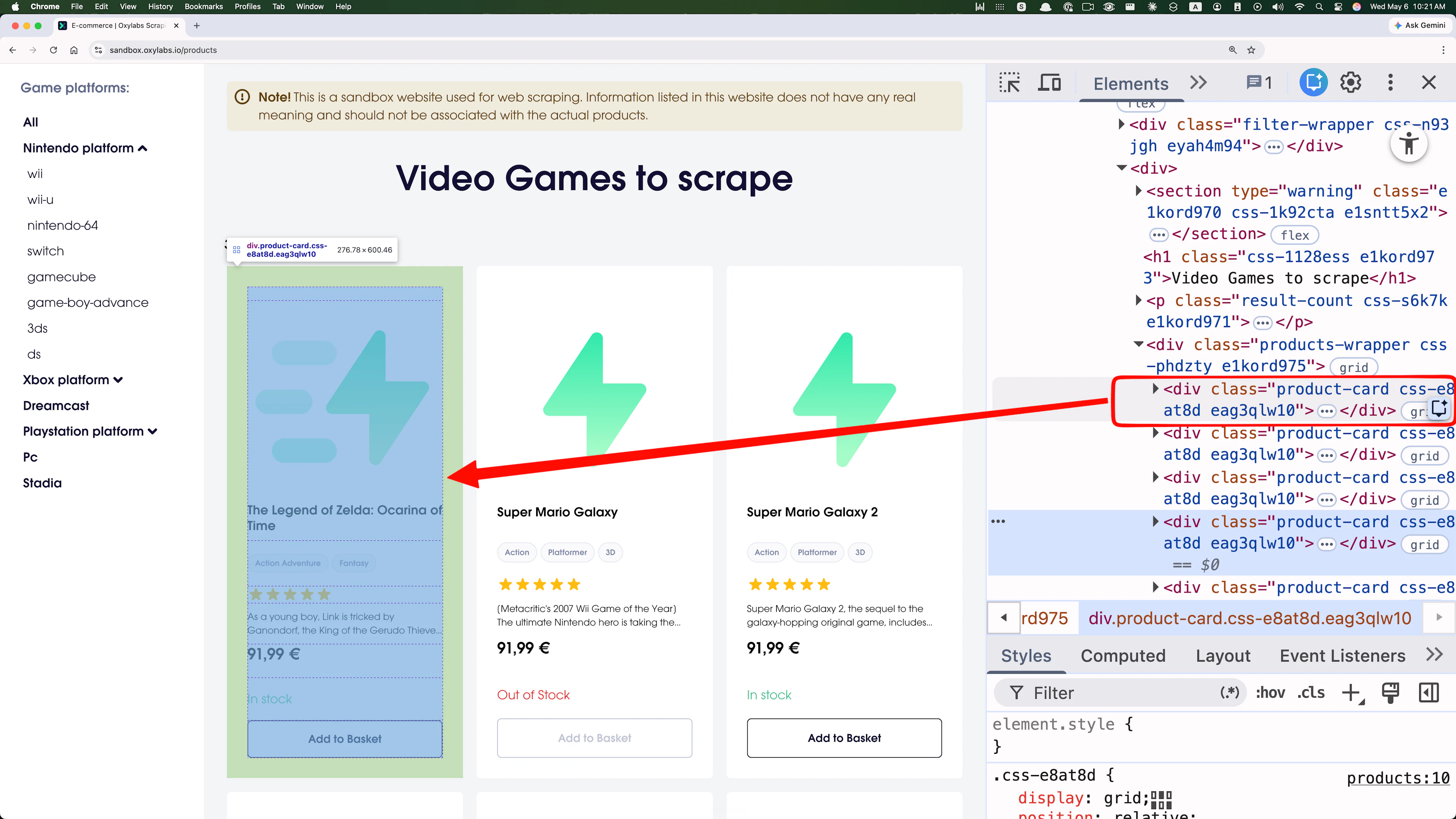CSS selector in the website's HTML structure.