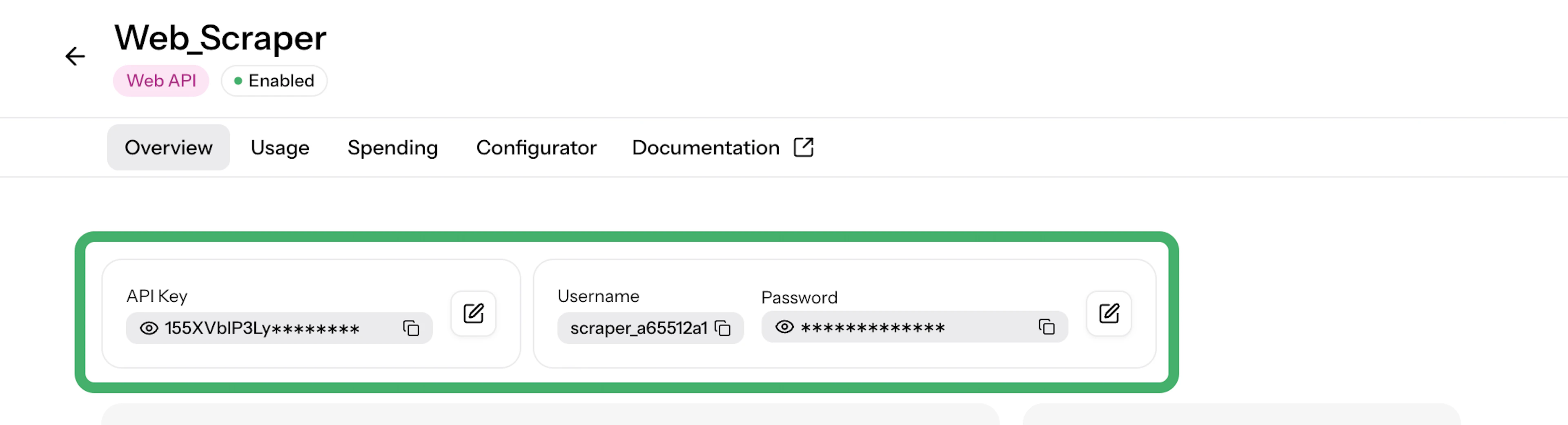 Web API credentials and API key in the Oxylabs Dashboard product instance