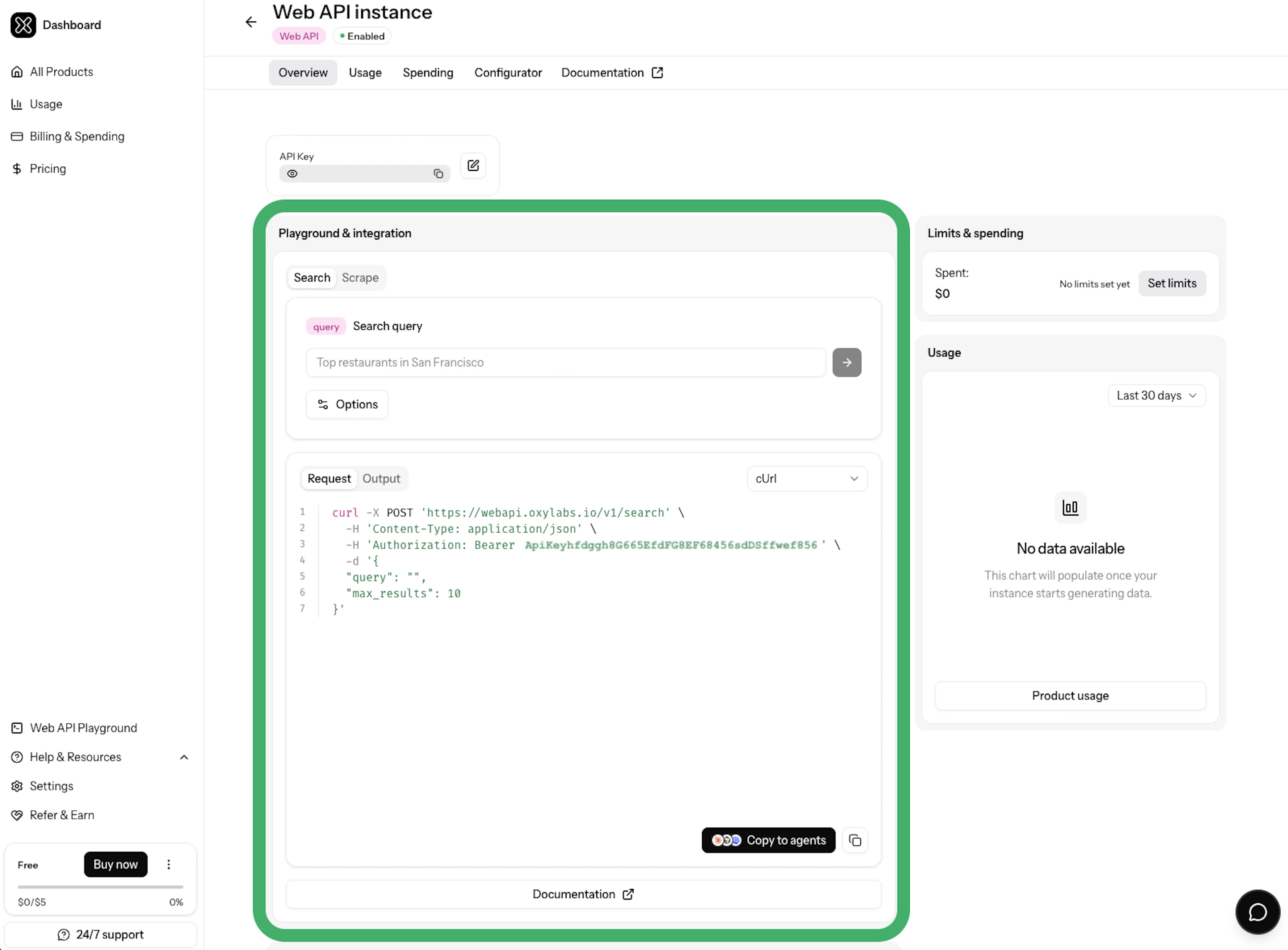 Web API Playground in the Oxylabs dashboard Web API product instance