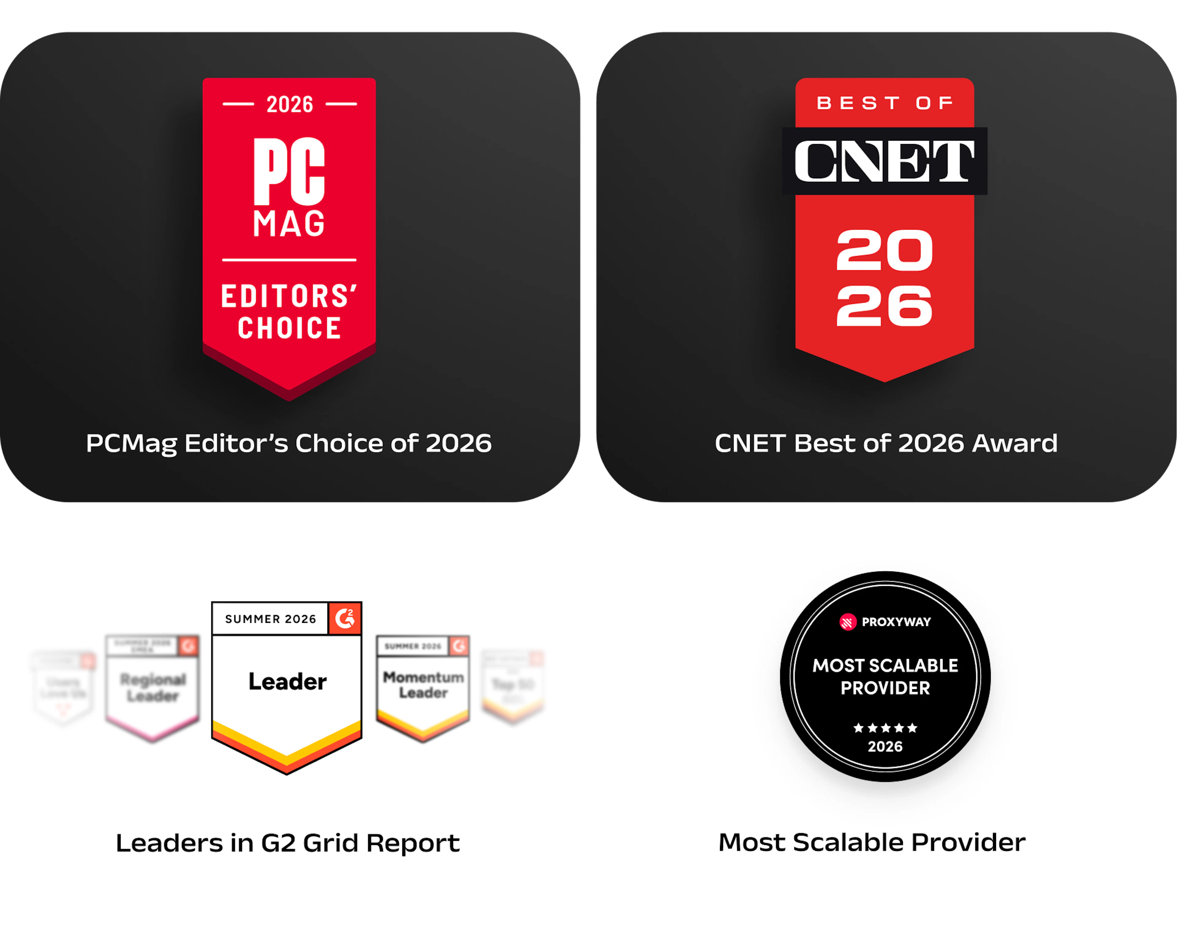 PCMag, CNET, G2, Proxyway badges