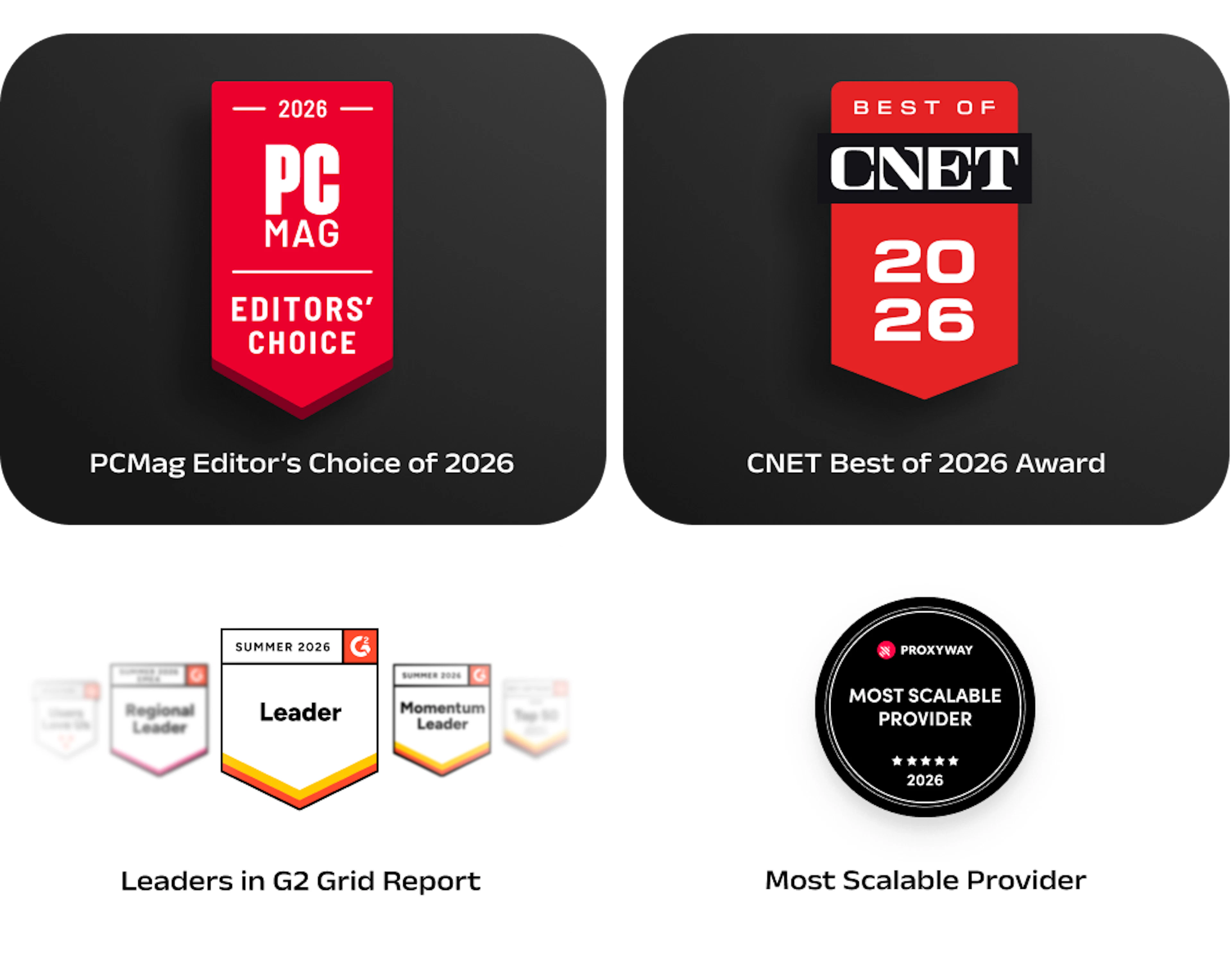 PCMag, CNET, G2, Proxyway badges