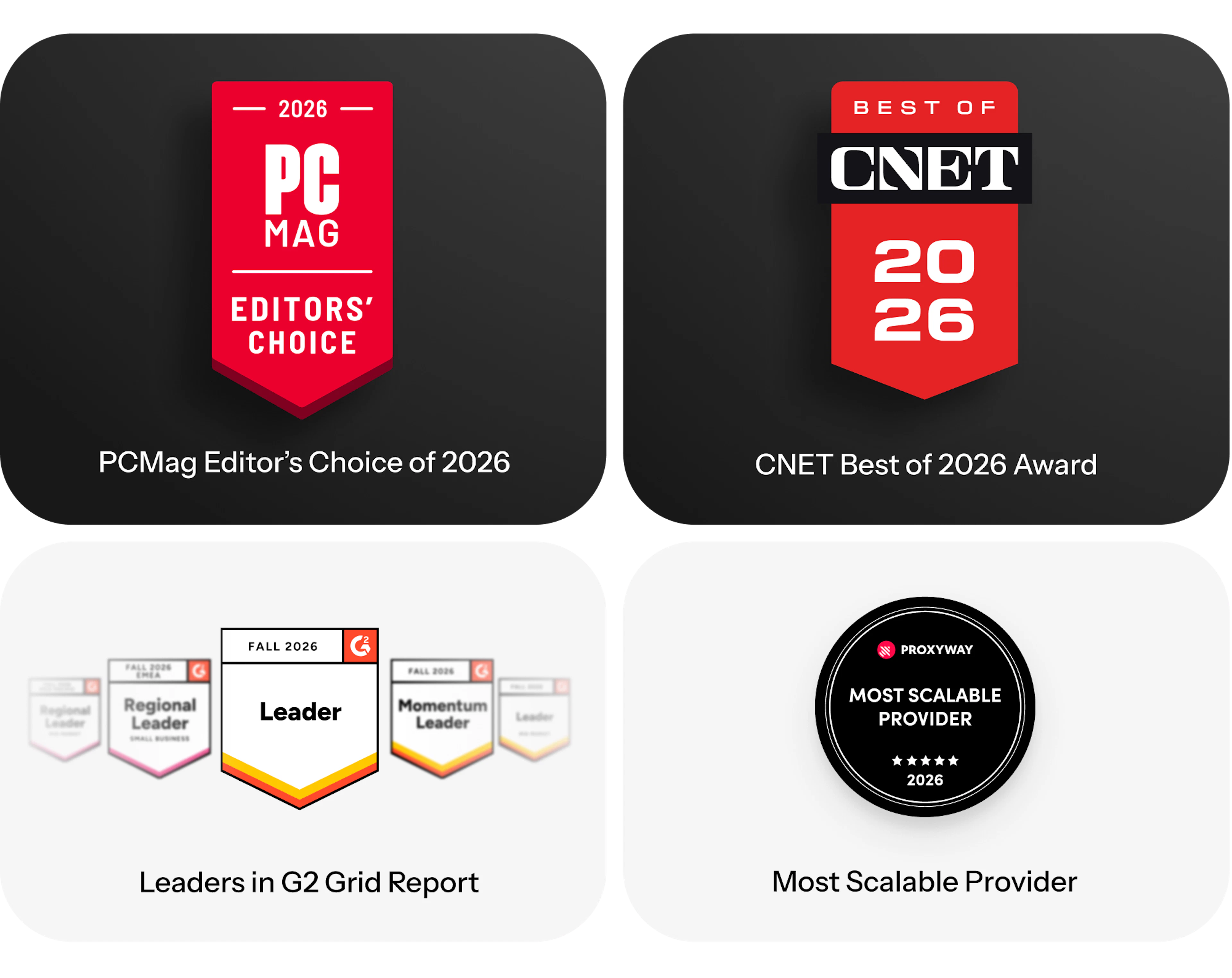 PCMag, CNET, G2, Proxyway badges